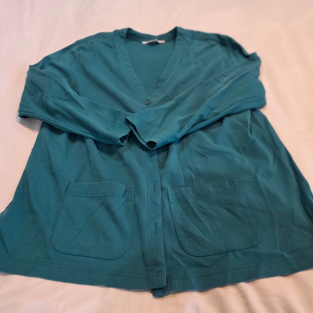 Lands End Cardigan Womens XL 18-20 Teal Cotton Knit Button Front Pocket